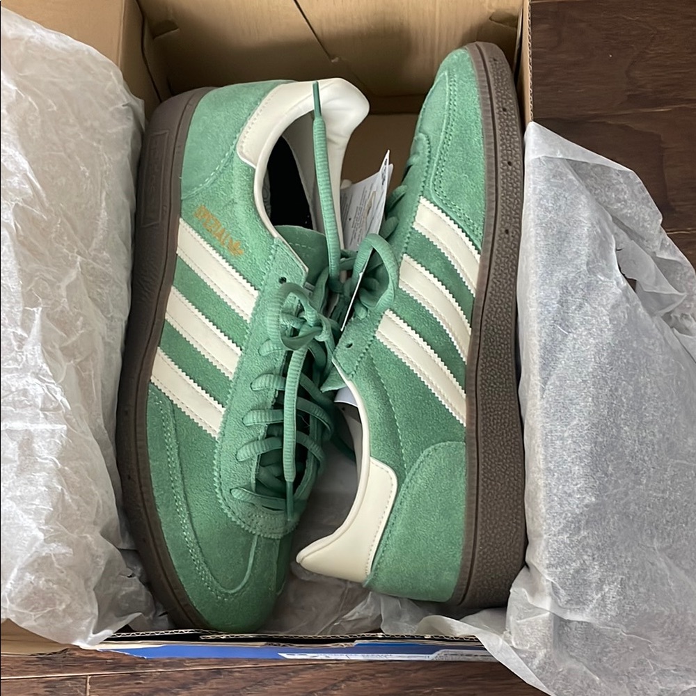 New Adidas Handball Spezial Green and White Sneakers